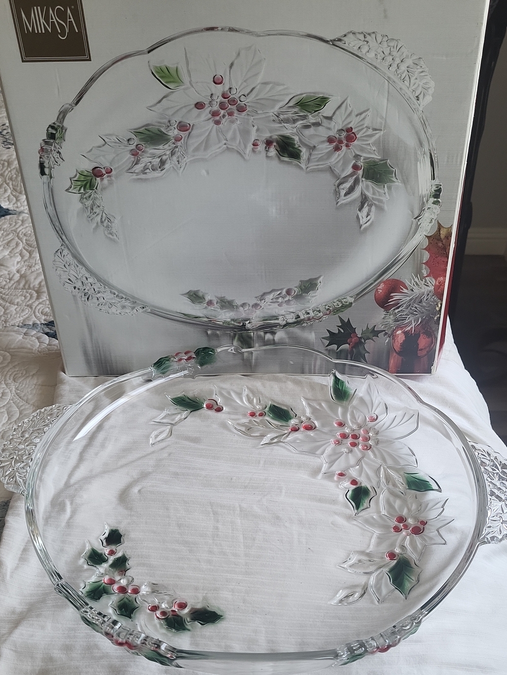 Mikasa Holiday Poinsettia Glass Serving Platter - Clear with Red & Green Accents